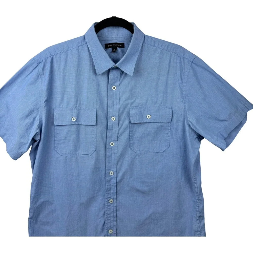 Banana Republic Shirt Men Large Blue Short Sleeve‎ Cotton Stretch Utility Casual